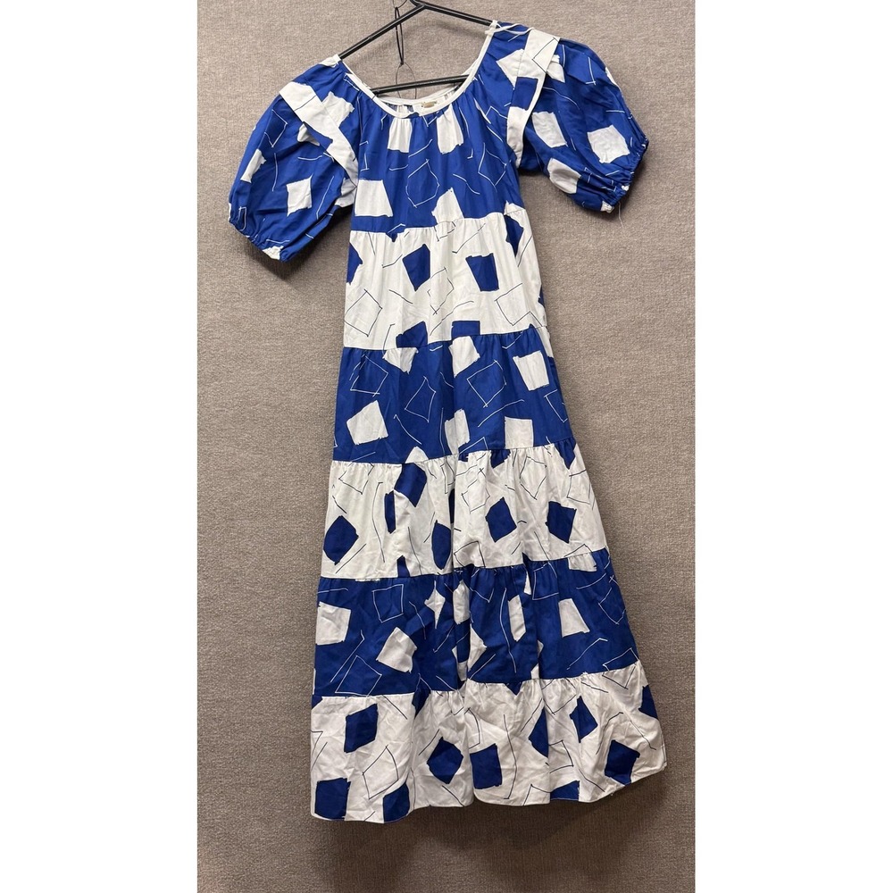Tropicana Hawaii Dress Womens 10 Blue White Maxi Puff Sleeve Vintage‎